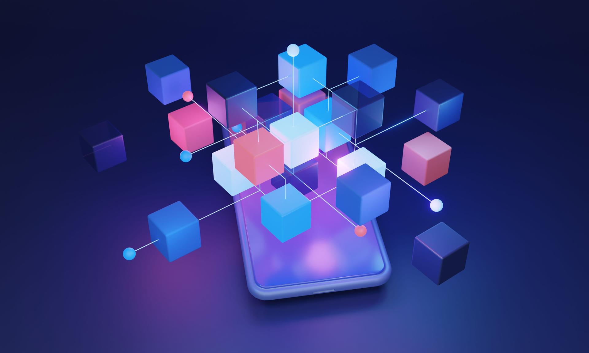 Decentralized blockchain system 3D concept, utilizing algorithmic technology and a distributed network for secure data