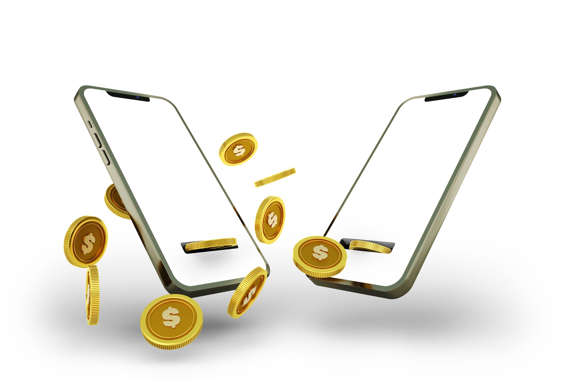 3D rendering of an abstract golden united state dollar coins transferring from one phone to another. mobile money transaction concept. money coming out of mobile phone screen