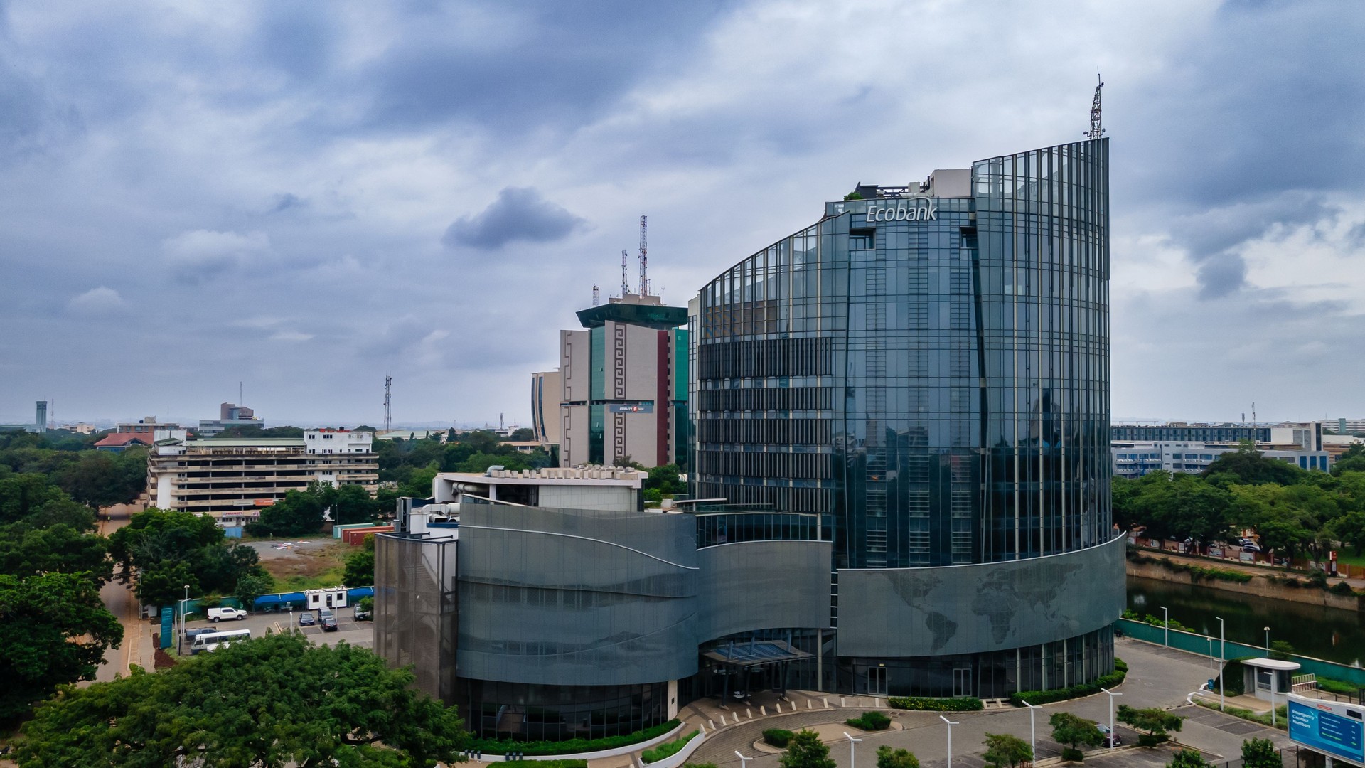Tall business tower at the center of Accra with beautiful blue skies