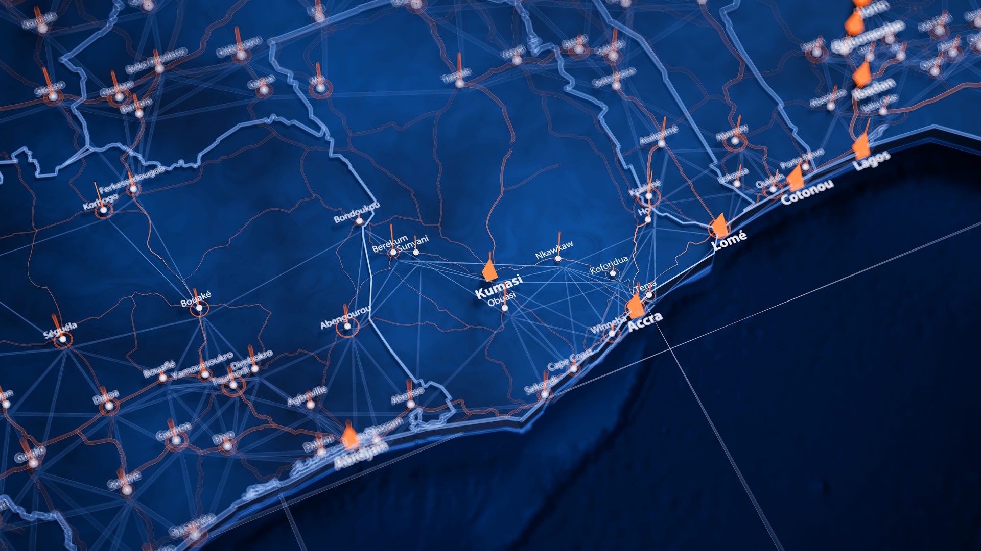 Kumasi map big data visualization. Futuristic map infographic of city in Ghana. Visual map data complexity in modern blue and orange colors